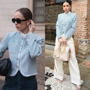 Goelia Tweed Round Neck Jacket Blue White Jacquard